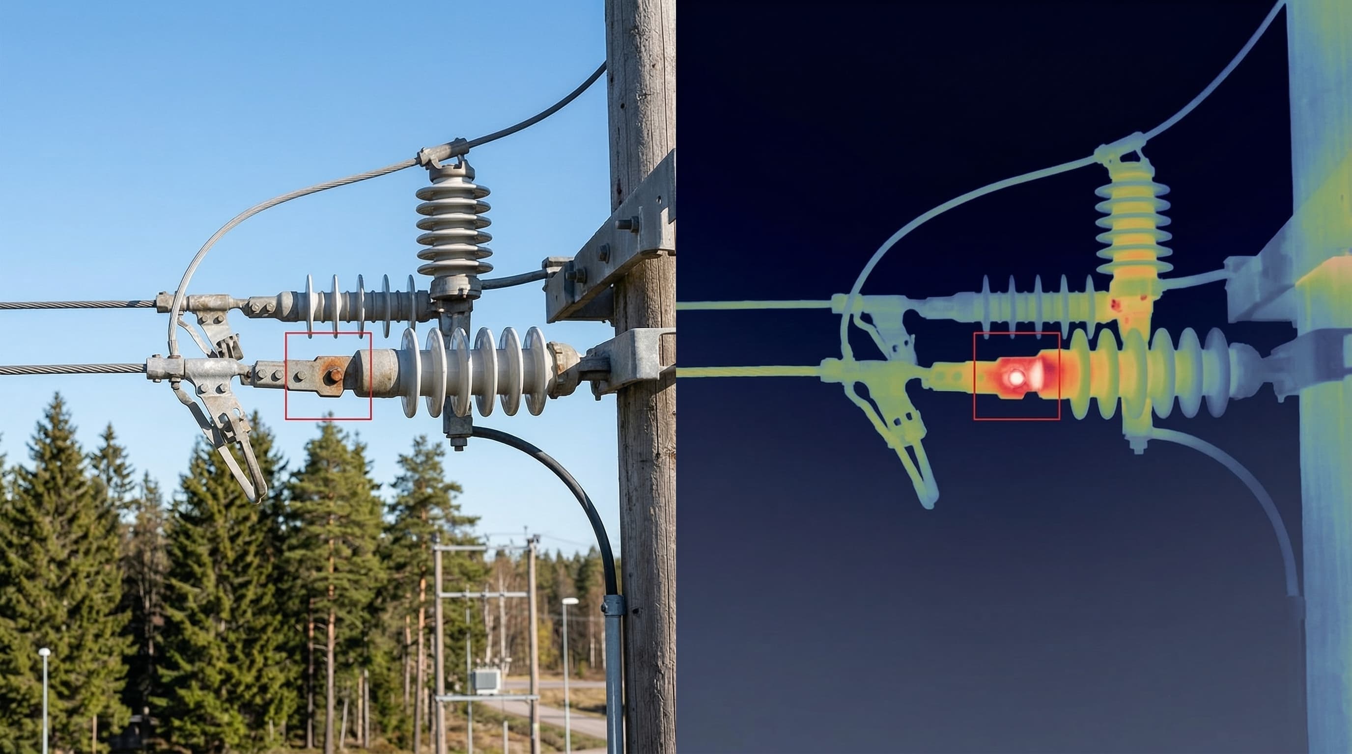 Jämförelse mellan standardfoto och termisk bild av en skadad isolator med markerad avvikelse